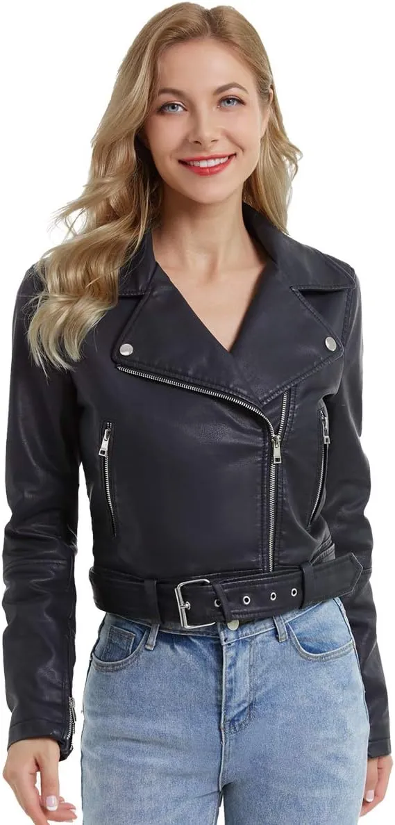 DIASHINY Faux Leather Jacket For Women Crop Short Cropped PU Slim Zip Up Moto Biker Coat Motorcycle Jackets