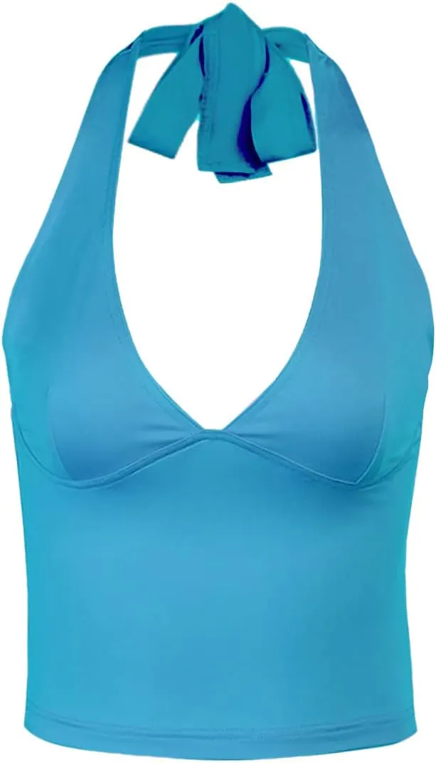 DREAM SLIM Women's Tie Back Halter Crop Top Sexy Deep V Neck Sleeveless Tie Back Camisole Casual Workout Tank Tops