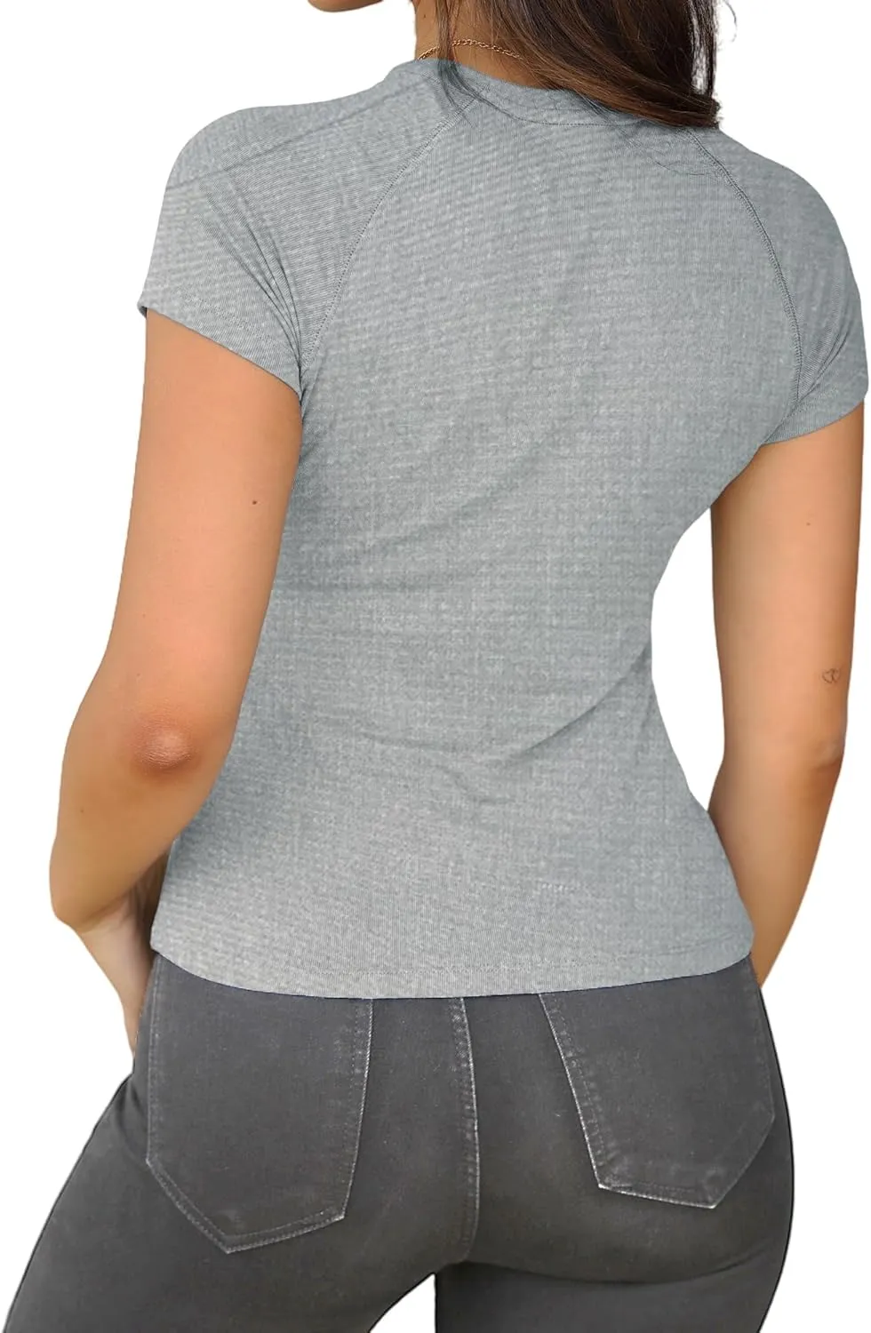 Dwnval Womens Basic Summer Short Sleeve Crewneck T Shirt Raglan Ribbed Knitted Slim Fit Casual Going Out Tops