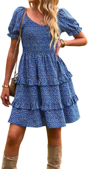 Ecosunny Women's Tie V Neck Floral Print Dress Ruffle Casual Loose Beach Dress Short Sleeve Swing Mini Dress
