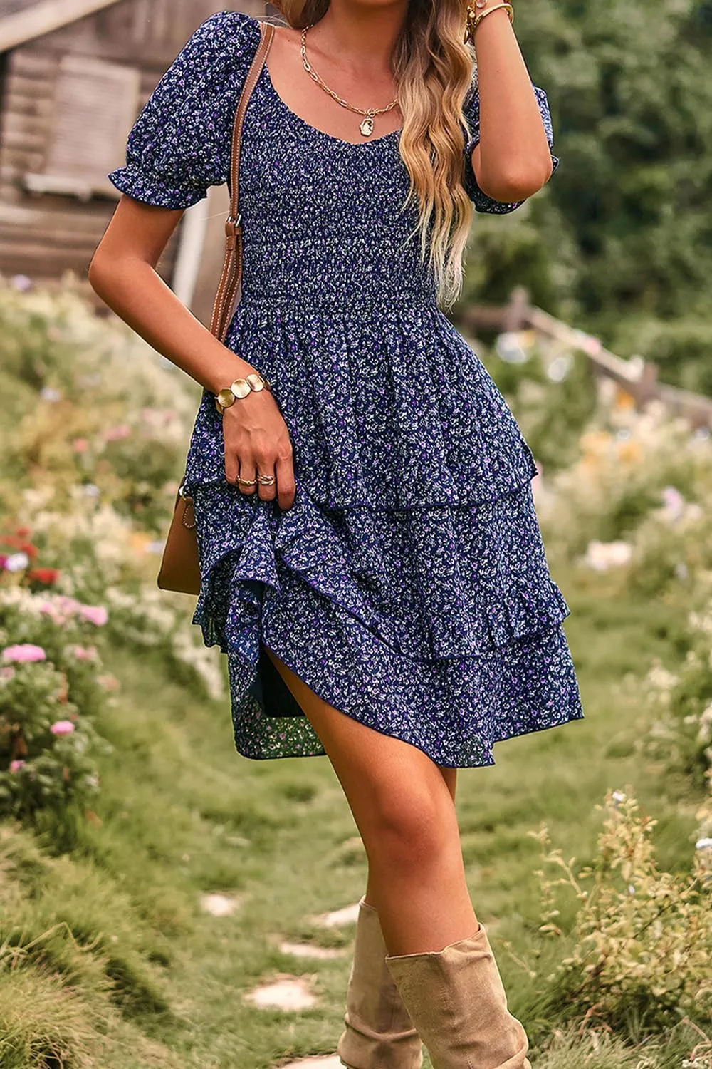 Ecosunny Women's Tie V Neck Floral Print Dress Ruffle Casual Loose Beach Dress Short Sleeve Swing Mini Dress