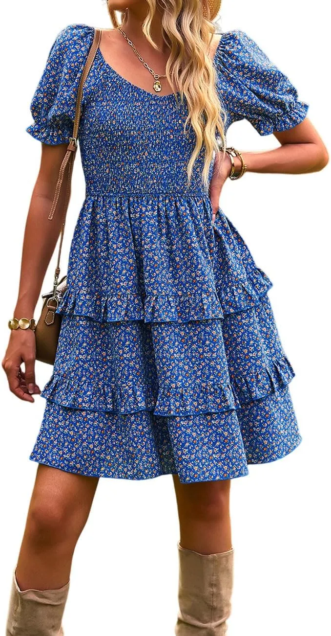 Ecosunny Women's Tie V Neck Floral Print Dress Ruffle Casual Loose Beach Dress Short Sleeve Swing Mini Dress
