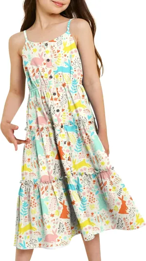 Enlifety Girls Summer Casual Dress Ruffle Pleated Tiered Dresses Spaghetti Straps Twirl Swing Sundress Size 6-12T