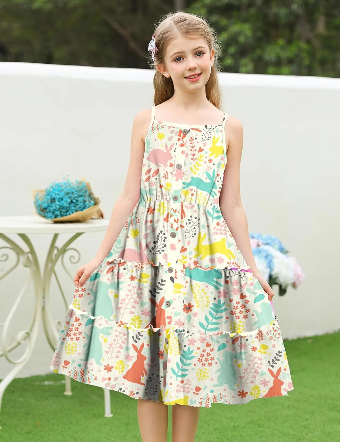 Enlifety Girls Summer Casual Dress Ruffle Pleated Tiered Dresses Spaghetti Straps Twirl Swing Sundress Size 6-12T