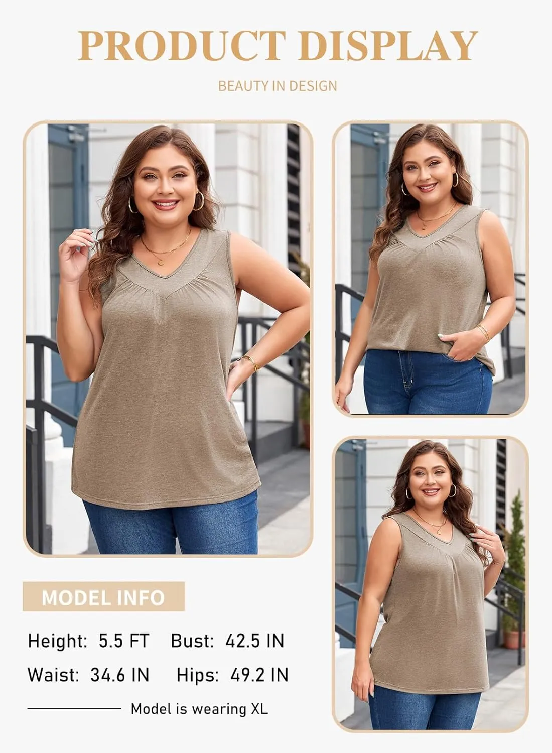 Eytino Plus Size Tank Tops for Women Summer V Neck Pleated Front Loose Casual Sleeveless Shirts Blouse(1X-5X)