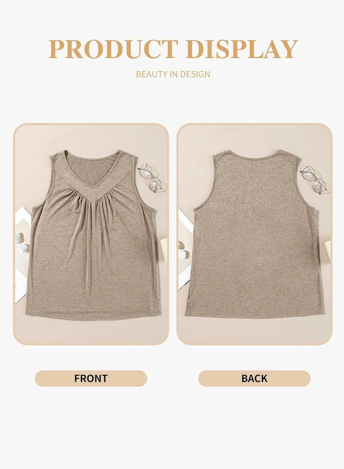 Eytino Plus Size Tank Tops for Women Summer V Neck Pleated Front Loose Casual Sleeveless Shirts Blouse(1X-5X)