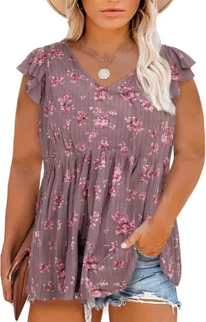 Eytino Women Plus Size Tops Boho Printed V Neck Short Sleeve Drawstring Casual Chiffon Shirts Blouse(1X-5X)