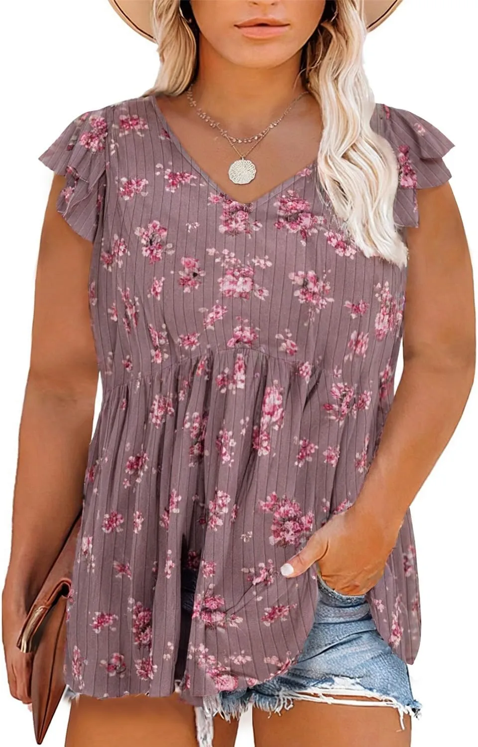 Eytino Women Plus Size Tops Boho Printed V Neck Short Sleeve Drawstring Casual Chiffon Shirts Blouse(1X-5X)