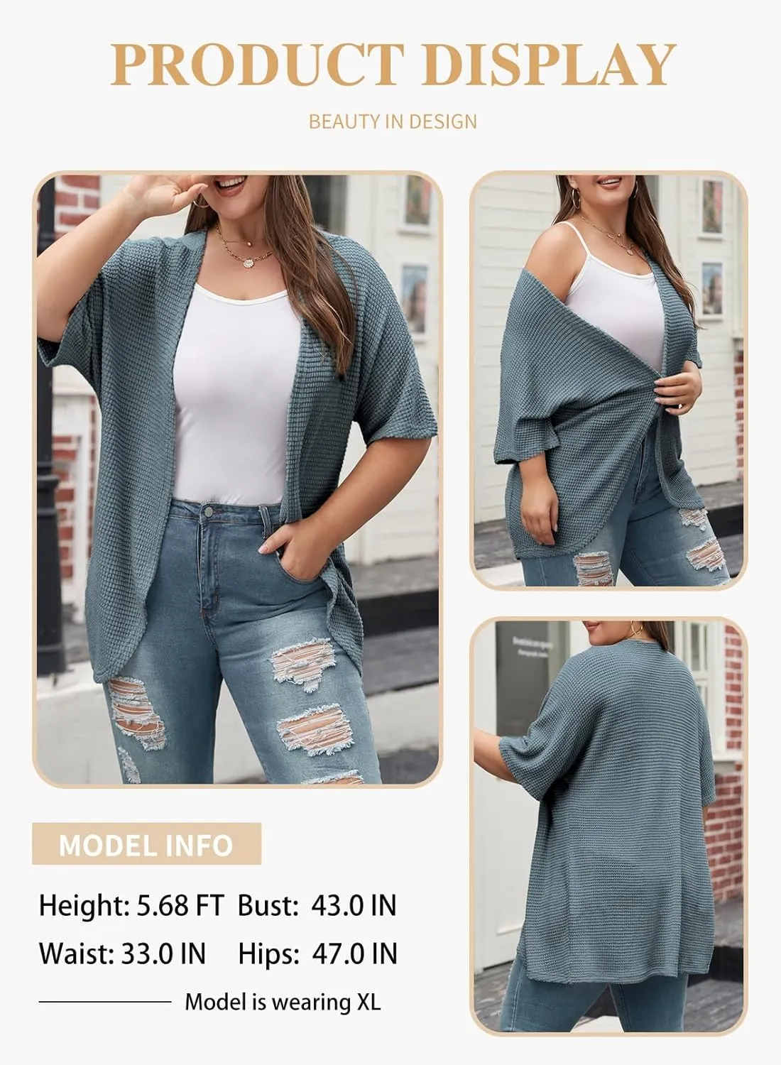 Eytino Womens Plus Size Cardigan Casual Short Sleeve Waffle Knit Kimono Open Front Tops(1X-5X)