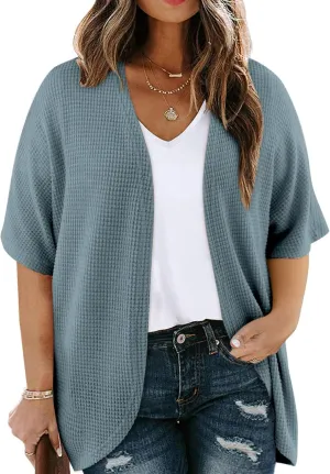 Eytino Womens Plus Size Cardigan Casual Short Sleeve Waffle Knit Kimono Open Front Tops(1X-5X)