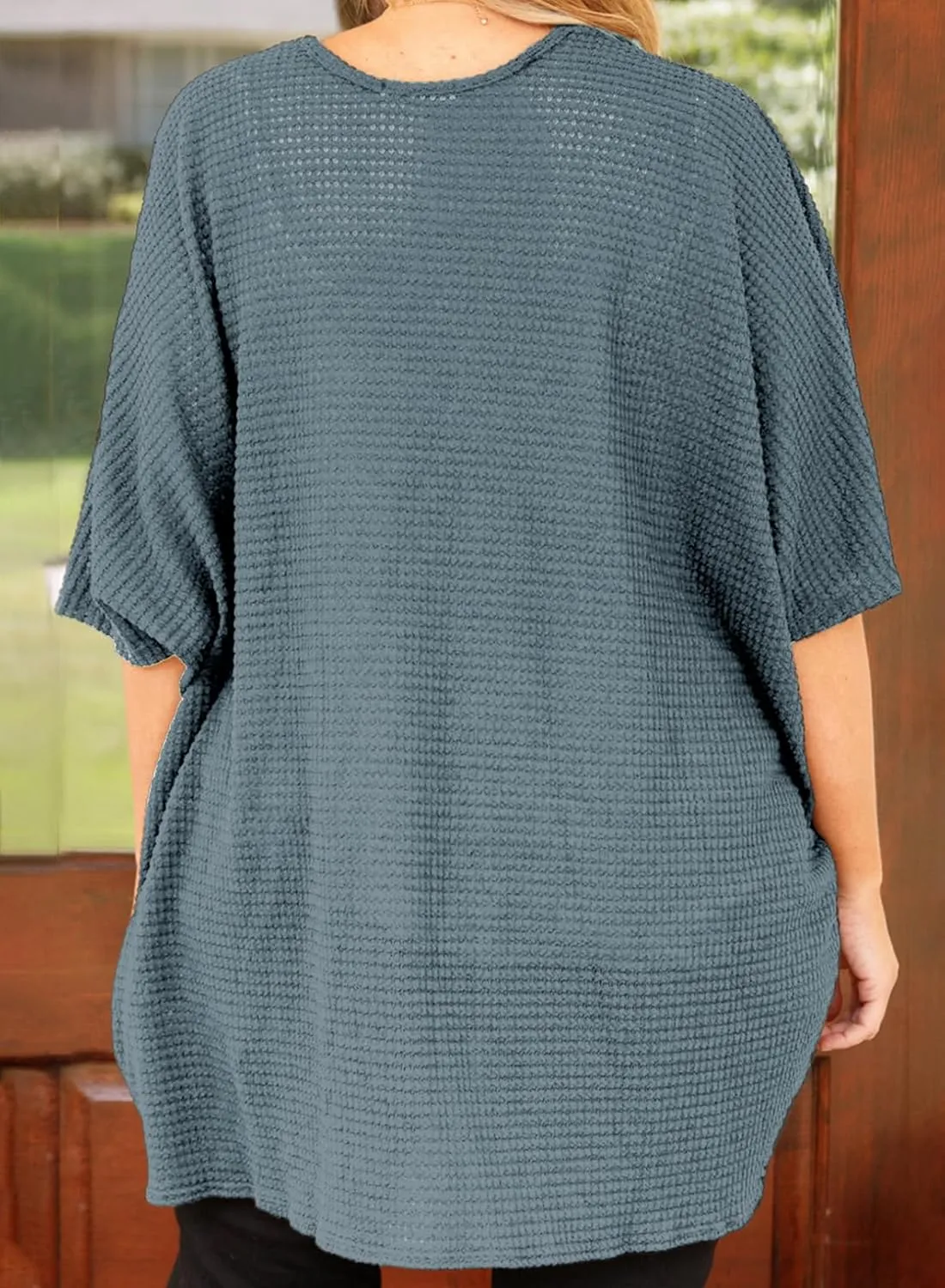 Eytino Womens Plus Size Cardigan Casual Short Sleeve Waffle Knit Kimono Open Front Tops(1X-5X)