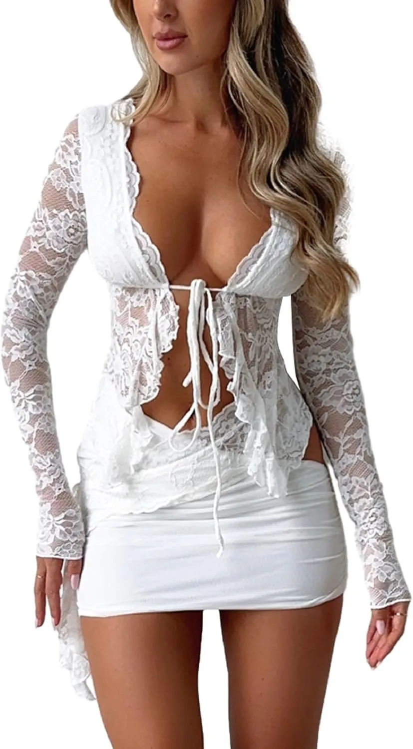 Faretumiya Women Y2k Lace 2 Piece Skirt Set See Through Mesh Lace Crop Top Bodycon Mini Skirt Set Ruffle Going Out Outfits