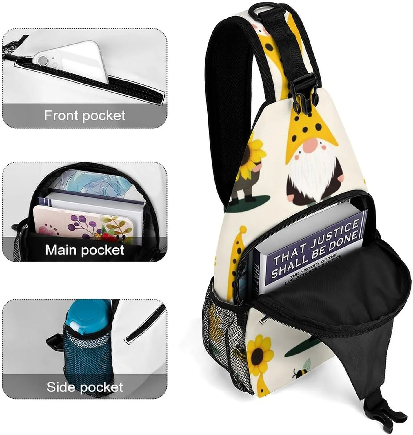 Fashion Gnomes Bees And Sunflowers Adjustable Chest Bag, Durable Large Capacity with Pockets and Buckles Sling Bag Shoulder Bags Crossbody Backpack for Women Men