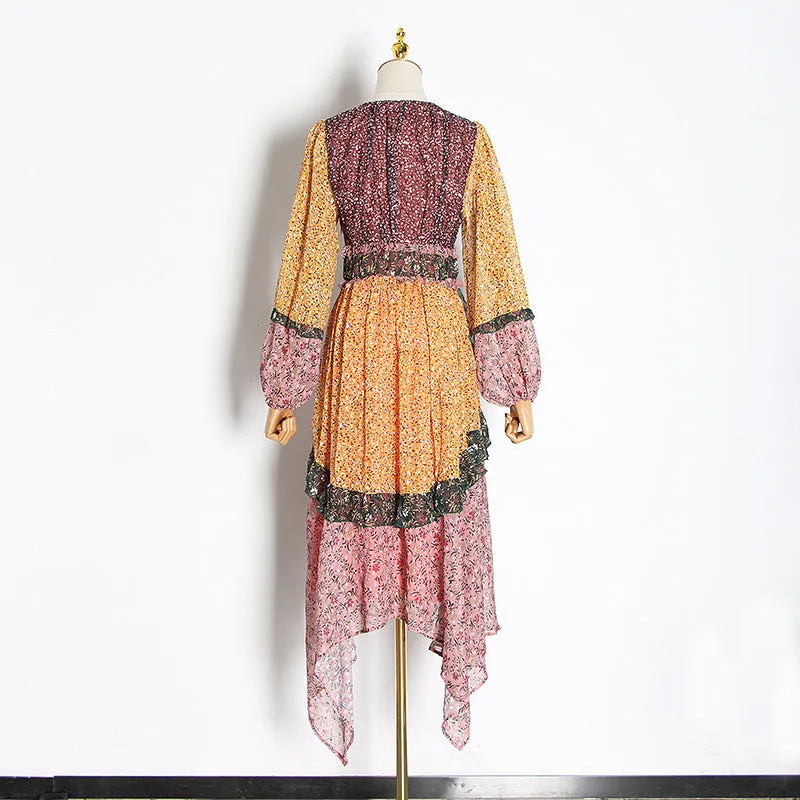 Fashion Printed Holiday Chiffon Deep V Lantern Sleeve Retro Waist Irregular Big Swing Dress Wholesale Bohemian Dress For Women SD531277