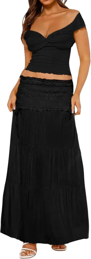 FEORJGP Women Summer 2 Piece Skirt Set Tracksuit Halter Neck Vest Top with Elastic Waist Long Skirt 2Pcs Skirt Sets Beachwear