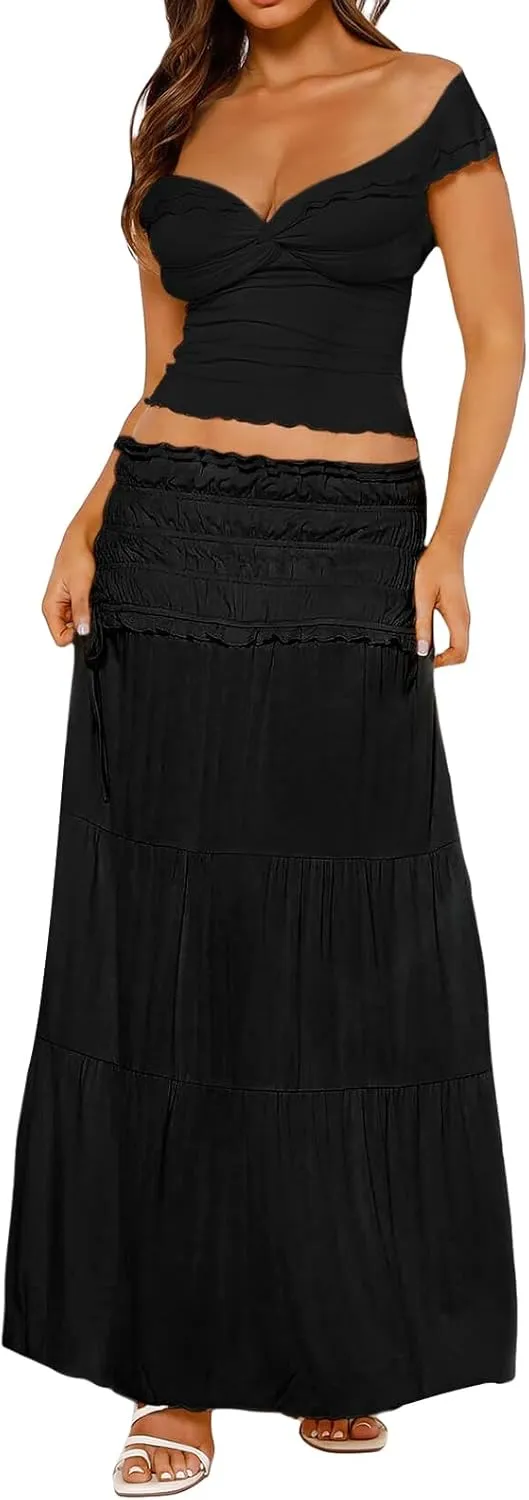 FEORJGP Women Summer 2 Piece Skirt Set Tracksuit Halter Neck Vest Top with Elastic Waist Long Skirt 2Pcs Skirt Sets Beachwear