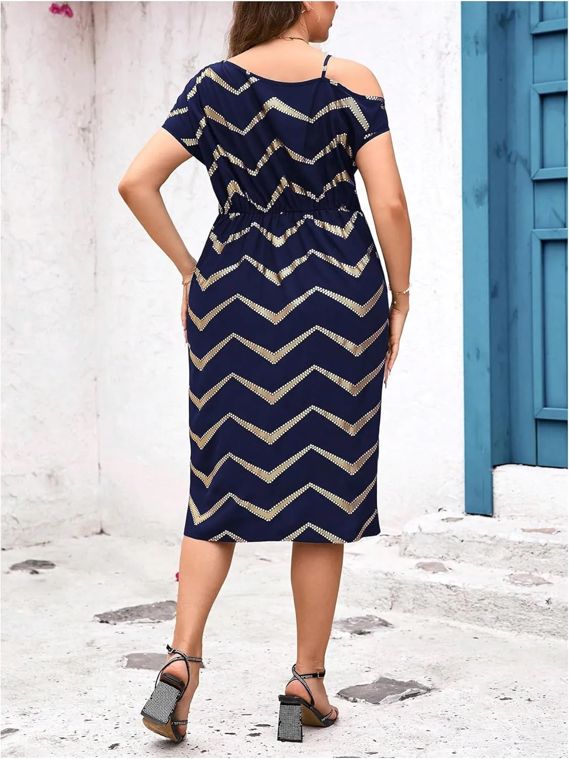 Floerns Women's Plus Size Printed Asymmetrical Neck Twist Dress Party Elegant Midi Dresses