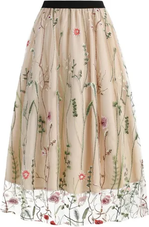 Floral Skirts for Women Boho A-Line Elastic High Waisted Ruffle Mesh Double Layed Skirts Causal Comfy Skirts