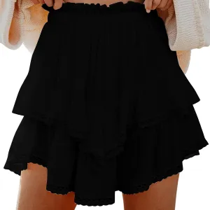 Flowy Summer Mini Skirt for Women Crochet Ruffle Elastic Waist Asymmetrical Hem Casual Short A Line Skirts
