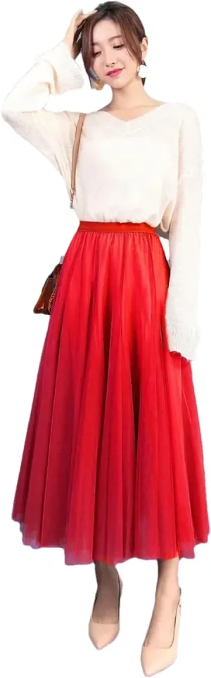 Fnfmrfmr Women Mesh Pleated Midi Skirt Solid Harajuku High Waist Casual Beach Loose Long Skirts