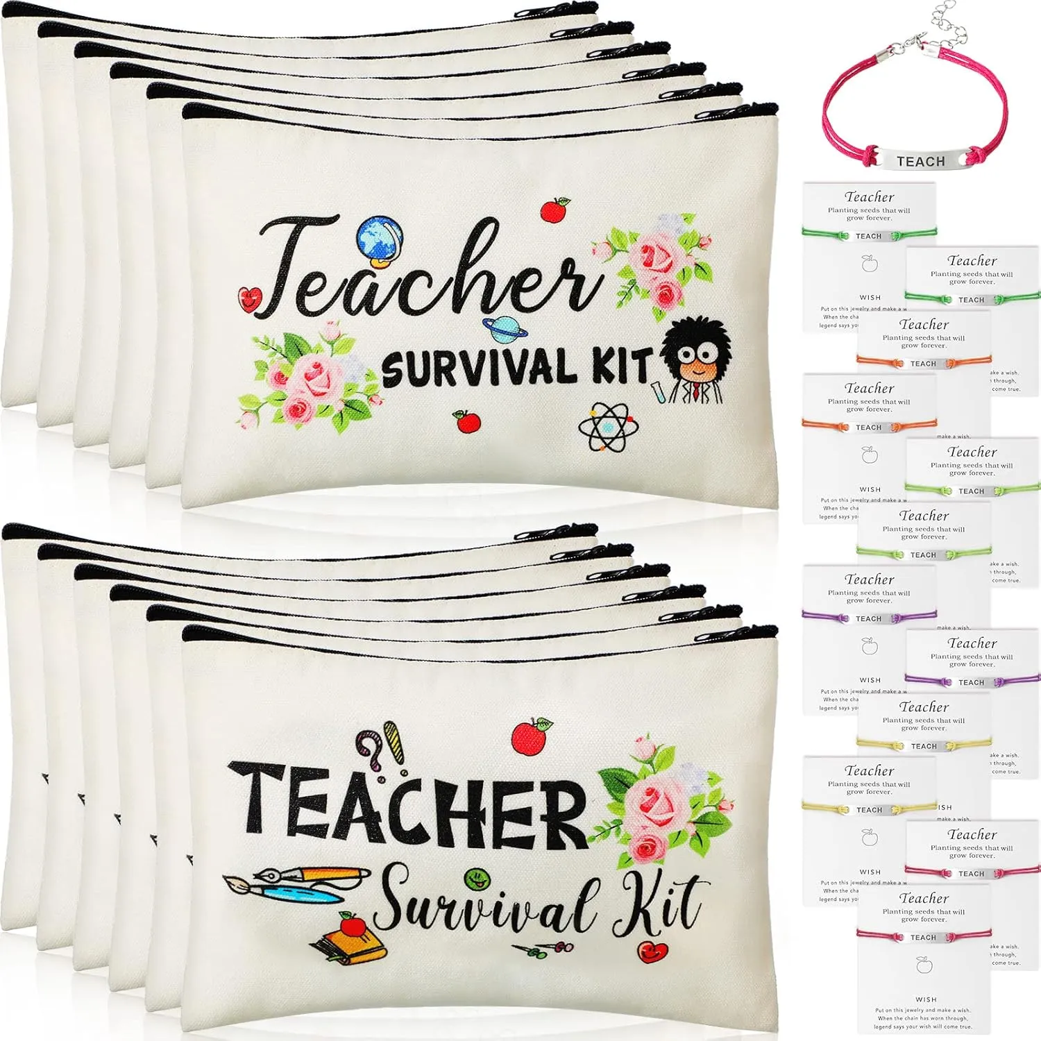 Frienda 24 Pieces Teacher Appreciation Present Set, 12 Teacher Survival Kit Bag Makeup Pouch Bag, 12 Blessing Card Bracelet, Cosmetic Bag Kit (Elegant Style, 9.1 x 5.9 Inch)