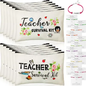 Frienda 24 Pieces Teacher Appreciation Present Set, 12 Teacher Survival Kit Bag Makeup Pouch Bag, 12 Blessing Card Bracelet, Cosmetic Bag Kit (Elegant Style, 9.1 x 5.9 Inch)