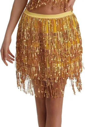 Fringe Skirts for Women Trendy Hip Scarf Tassel Elastic High Waisted Festival Sparkly Belly Dance Mini Sequin Skirt