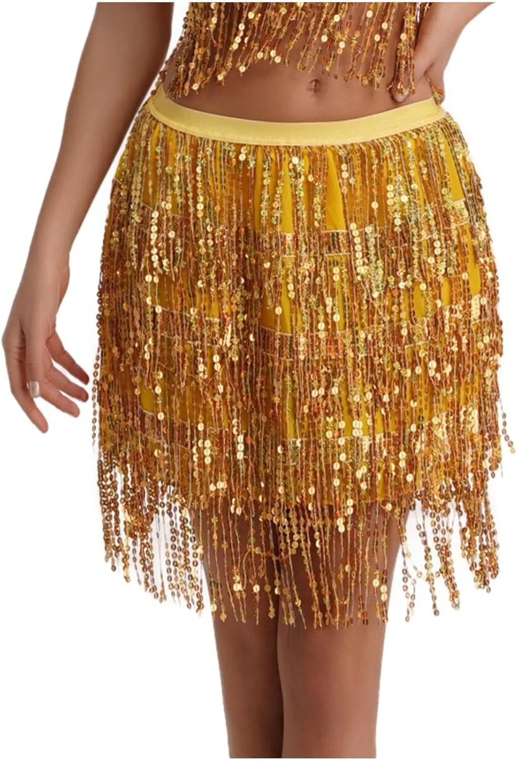 Fringe Skirts for Women Trendy Hip Scarf Tassel Elastic High Waisted Festival Sparkly Belly Dance Mini Sequin Skirt