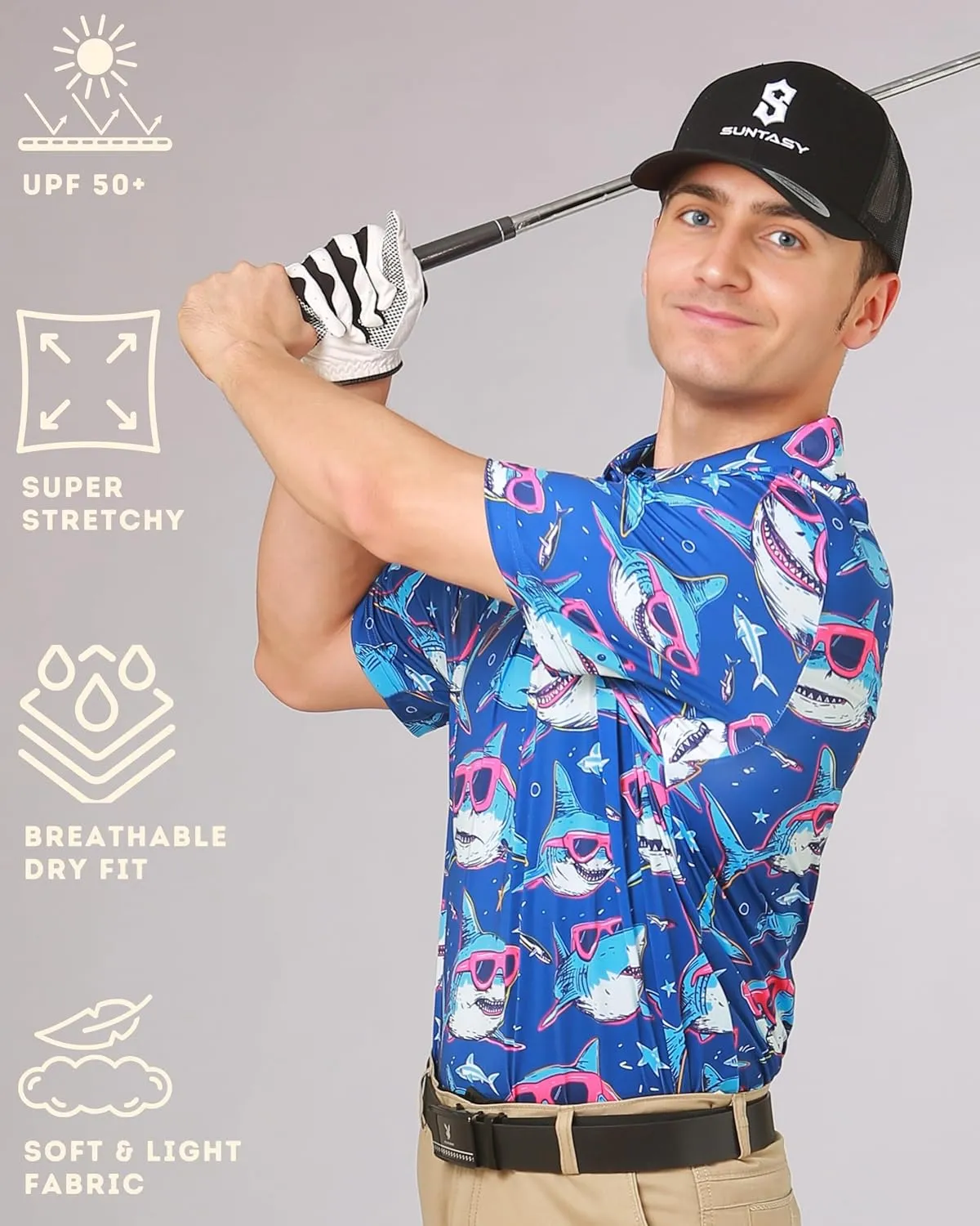 Fun Golf Shirts for Men- Mens Performance Dry-Fit Golf Polo  UPF 50  Sun Protection Funny Hawaiian Print Short Sleeve Shirt