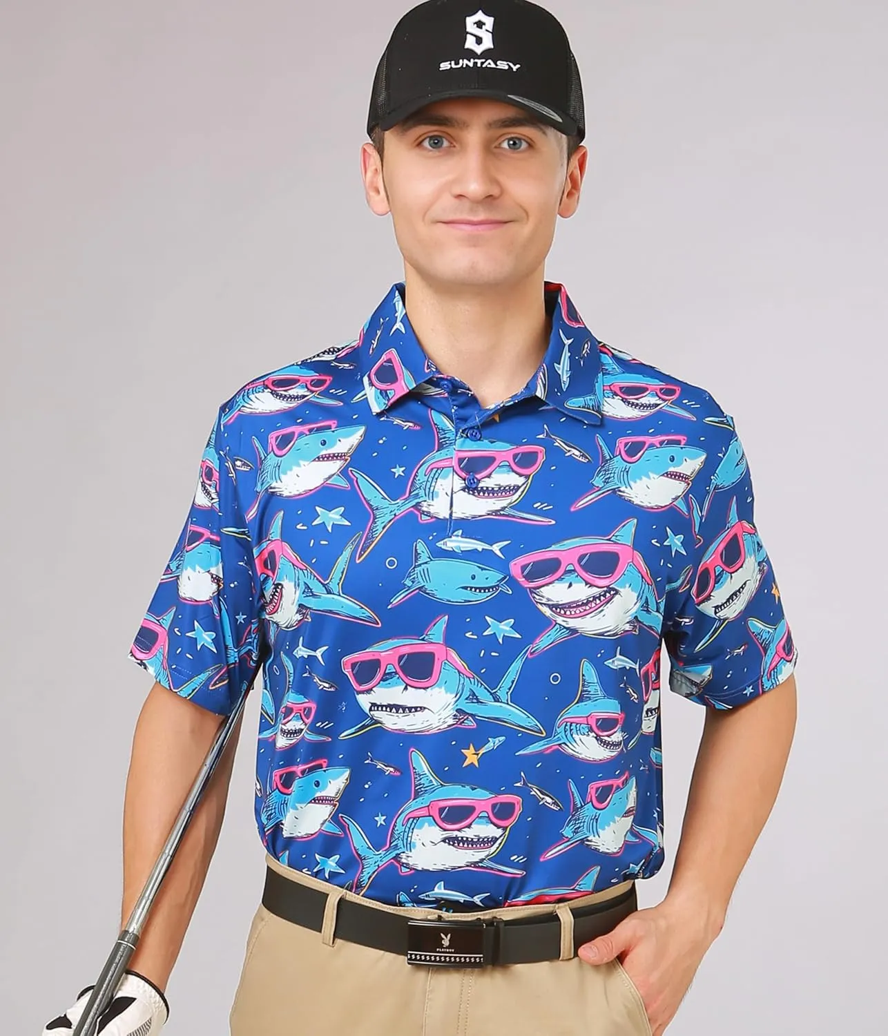 Fun Golf Shirts for Men- Mens Performance Dry-Fit Golf Polo  UPF 50  Sun Protection Funny Hawaiian Print Short Sleeve Shirt