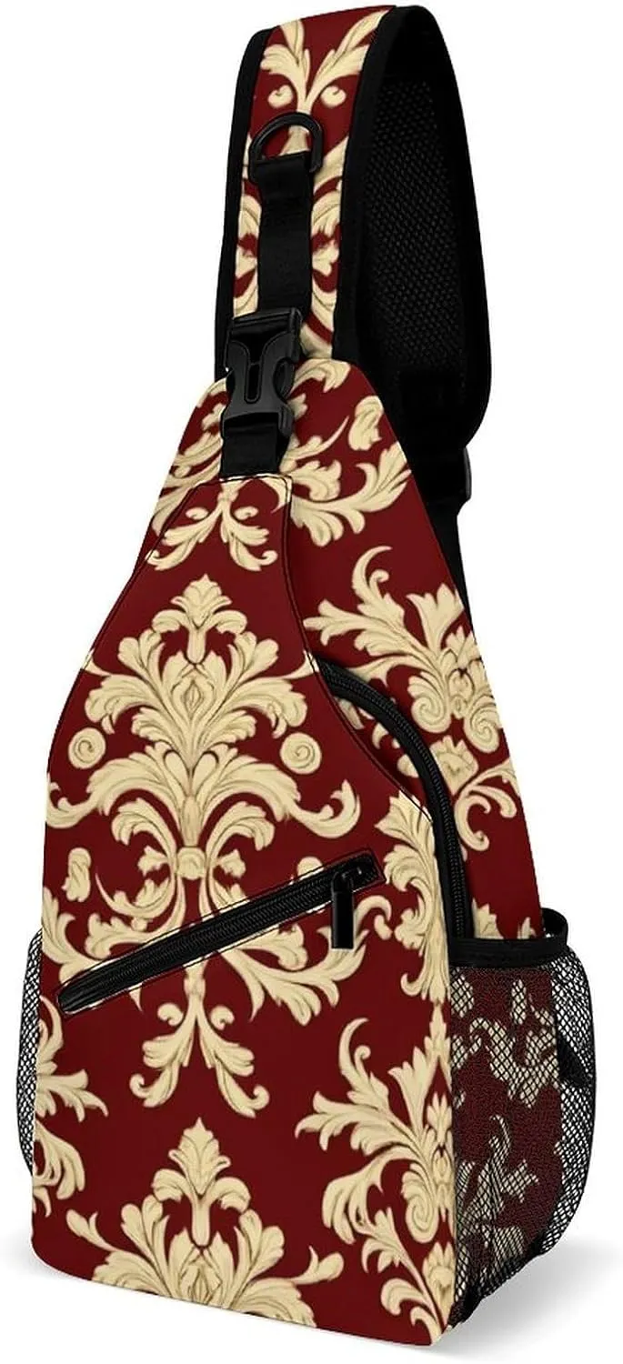 Funny Flower Red Gold Floral Classy Burgundy Antique Chest Bag for Sports, Women Men Causal Sling Bag Shoulder Pack Crossbody Backpack with Detachable Buckles for Hiking Daypack