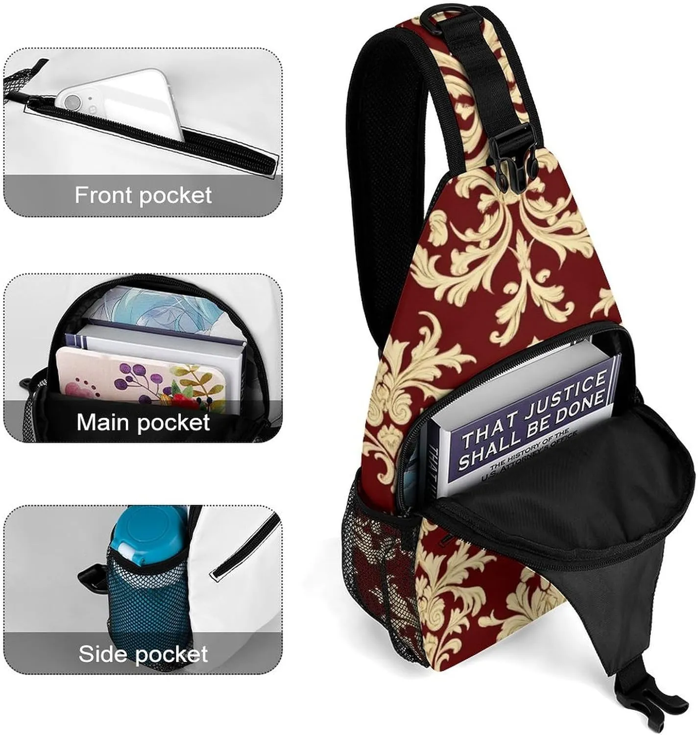 Funny Flower Red Gold Floral Classy Burgundy Antique Chest Bag for Sports, Women Men Causal Sling Bag Shoulder Pack Crossbody Backpack with Detachable Buckles for Hiking Daypack
