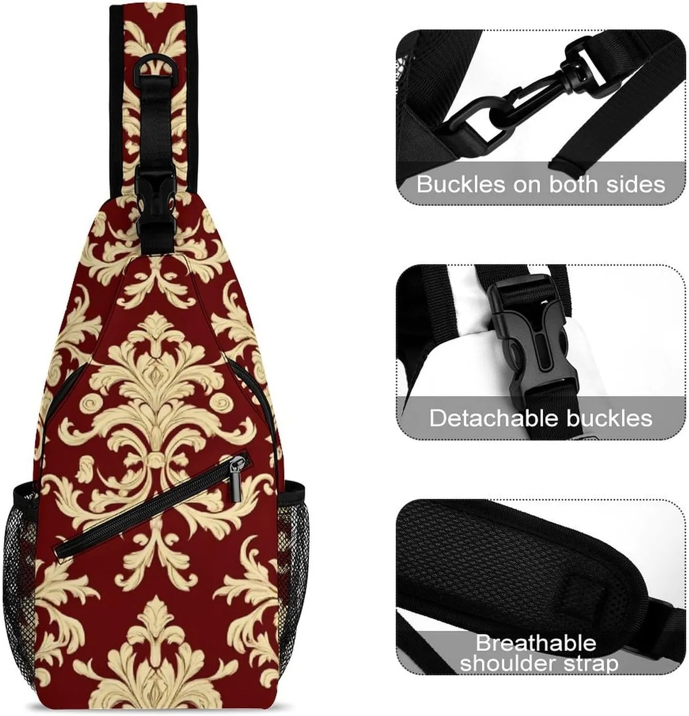 Funny Flower Red Gold Floral Classy Burgundy Antique Chest Bag for Sports, Women Men Causal Sling Bag Shoulder Pack Crossbody Backpack with Detachable Buckles for Hiking Daypack