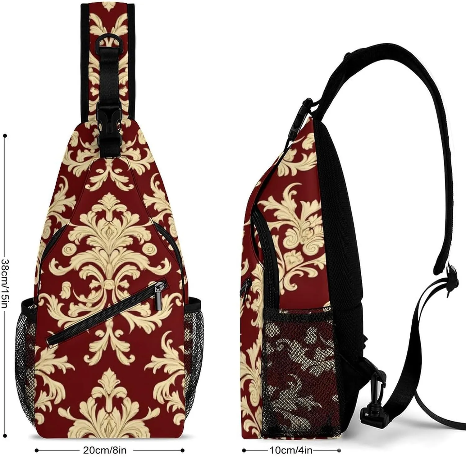 Funny Flower Red Gold Floral Classy Burgundy Antique Chest Bag for Sports, Women Men Causal Sling Bag Shoulder Pack Crossbody Backpack with Detachable Buckles for Hiking Daypack