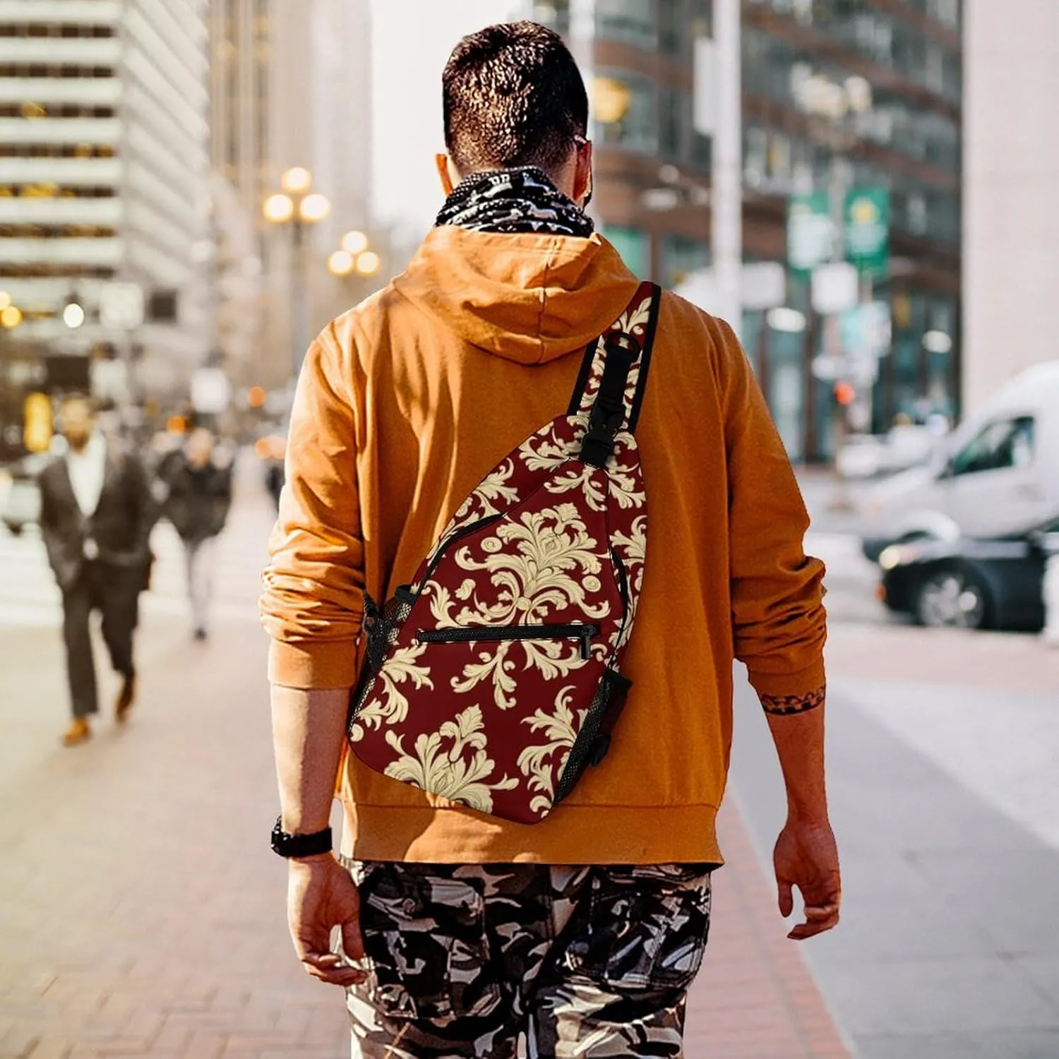 Funny Flower Red Gold Floral Classy Burgundy Antique Chest Bag for Sports, Women Men Causal Sling Bag Shoulder Pack Crossbody Backpack with Detachable Buckles for Hiking Daypack