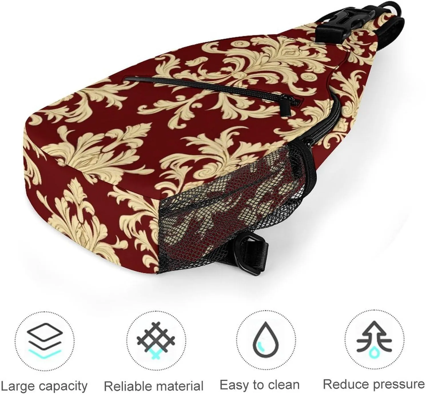 Funny Flower Red Gold Floral Classy Burgundy Antique Chest Bag for Sports, Women Men Causal Sling Bag Shoulder Pack Crossbody Backpack with Detachable Buckles for Hiking Daypack