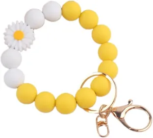 Fuqimanman2020 Daisy Flower Silicone Beads Wristlet Keychain Cute Sunflower Key Ring Holder For Women Girls