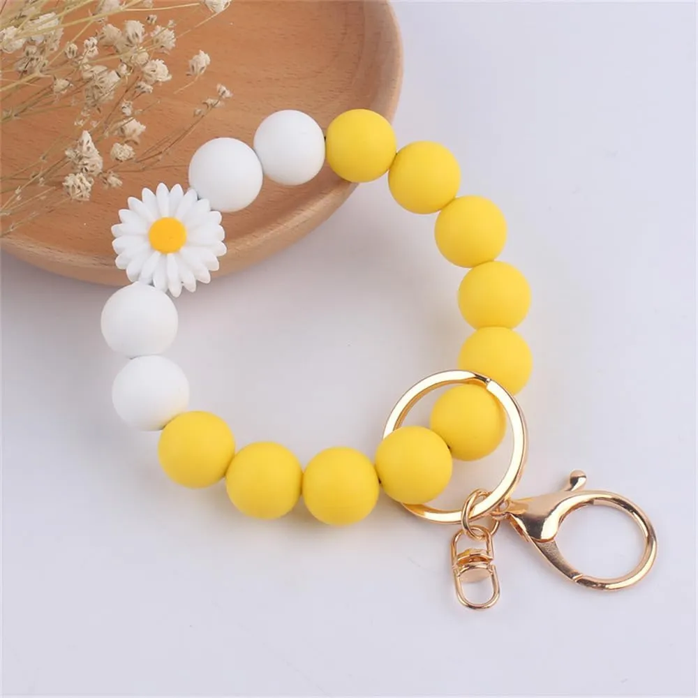 Fuqimanman2020 Daisy Flower Silicone Beads Wristlet Keychain Cute Sunflower Key Ring Holder For Women Girls