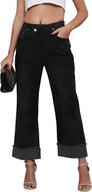 Genleck Wide Leg Cropped Jeans for Women Trendy High Waisted Crossover Boyfriend Jeans Mom Baggy Stretchy Denim