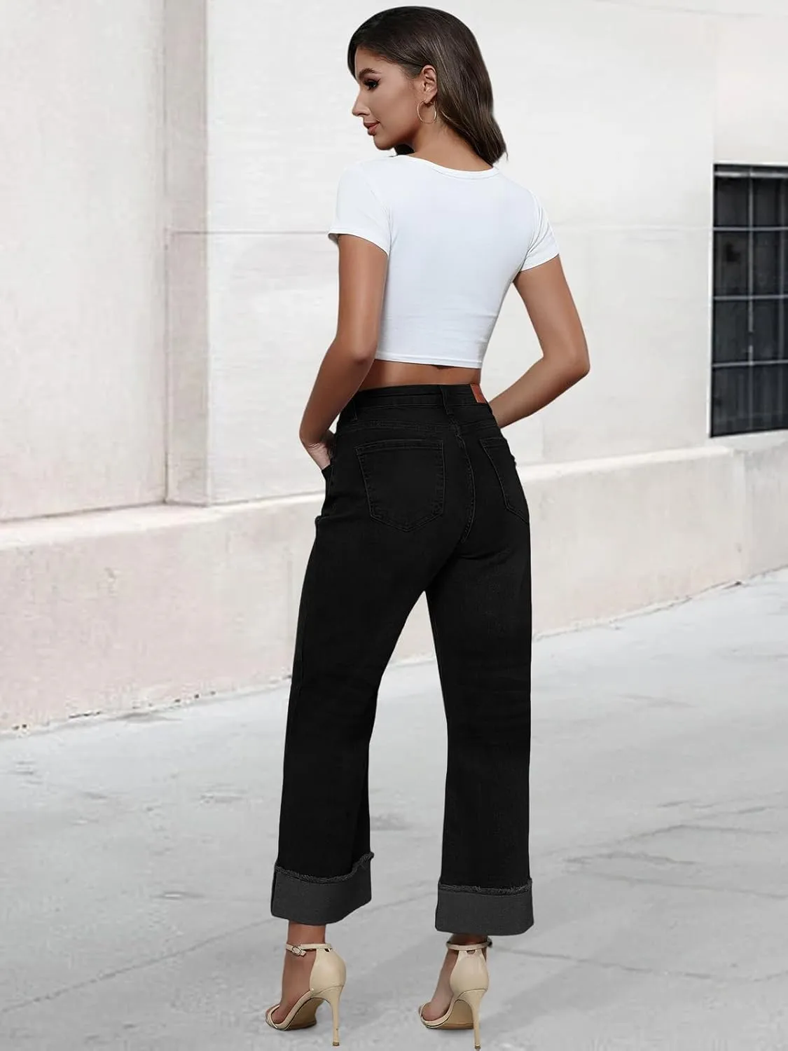 Genleck Wide Leg Cropped Jeans for Women Trendy High Waisted Crossover Boyfriend Jeans Mom Baggy Stretchy Denim