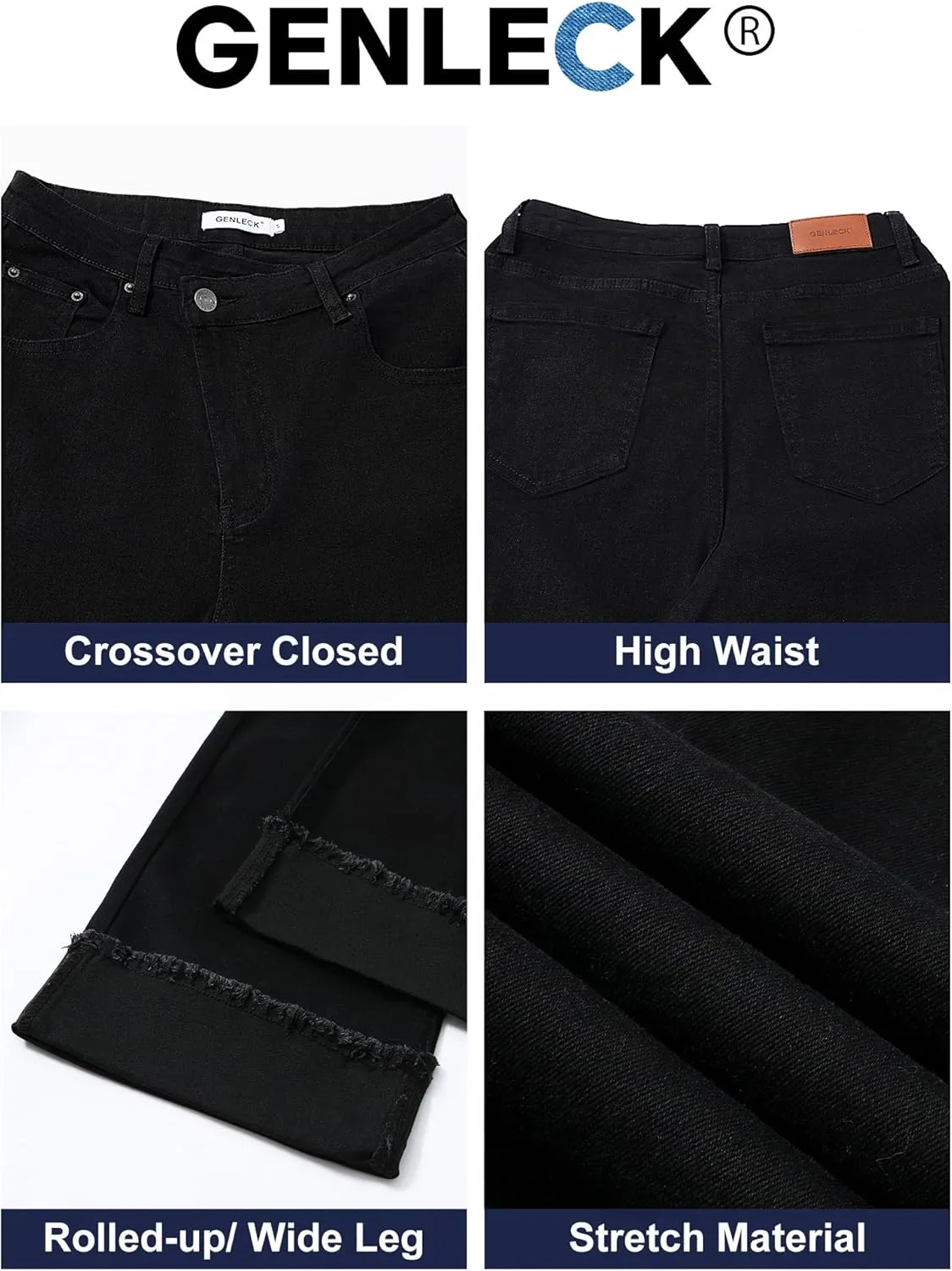 Genleck Wide Leg Cropped Jeans for Women Trendy High Waisted Crossover Boyfriend Jeans Mom Baggy Stretchy Denim