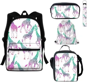 GIFTPUZZ 5 Pieces Colorful Giraffe Print School Bag Set Kids Boys Girls Backpack with Lunch Bag Cooler Insulated   Pencil Case Small Storage   Drawstring Bag   Keychain Travel Bookbag Rusksack