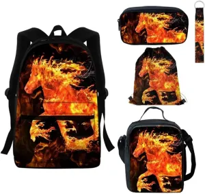 GIFTPUZZ Fire Horse Pattern School Backpack Lunch Box Pencil Pouch Case Drawstring Bag Keychain for Kids Back to School Rucksack 5 Pieces for Girls Boys