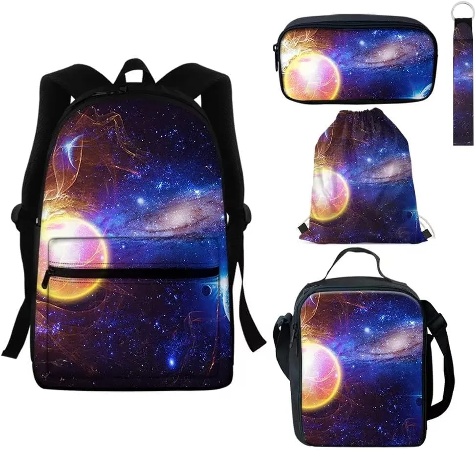 GIFTPUZZ Travel Backpacks with Lunch Bag   Pencil Case   Drawstring Bag   Keychain 5 in 1 School Bag Set Women Men Picnic Hiking Book Bag School Storages Universe Pattern