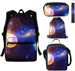 GIFTPUZZ Travel Backpacks with Lunch Bag   Pencil Case   Drawstring Bag   Keychain 5 in 1 School Bag Set Women Men Picnic Hiking Book Bag School Storages Universe Pattern