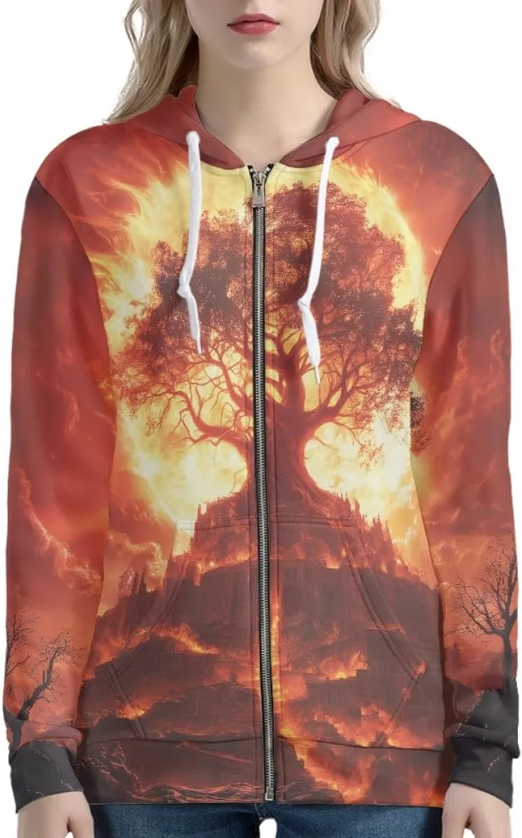 GLUDEAR Women Life Tree Graphic Print Zip Up Hoodies Novelty Viking Long Sleeve Hooded Sweatshirts Oversized Jackets
