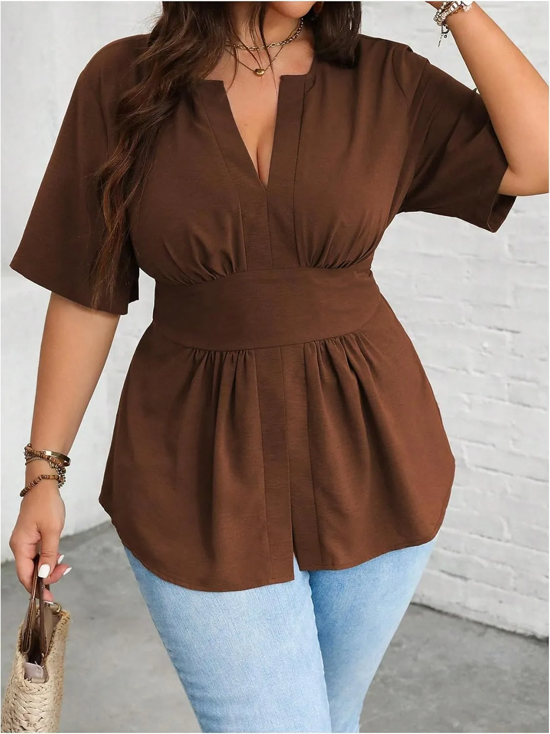 GORGLITTER Women's Plus Size Peplum Tops Short Sleeve V Neck Asymmetrical Blouse Shirts Summer Going Out Tops 2025