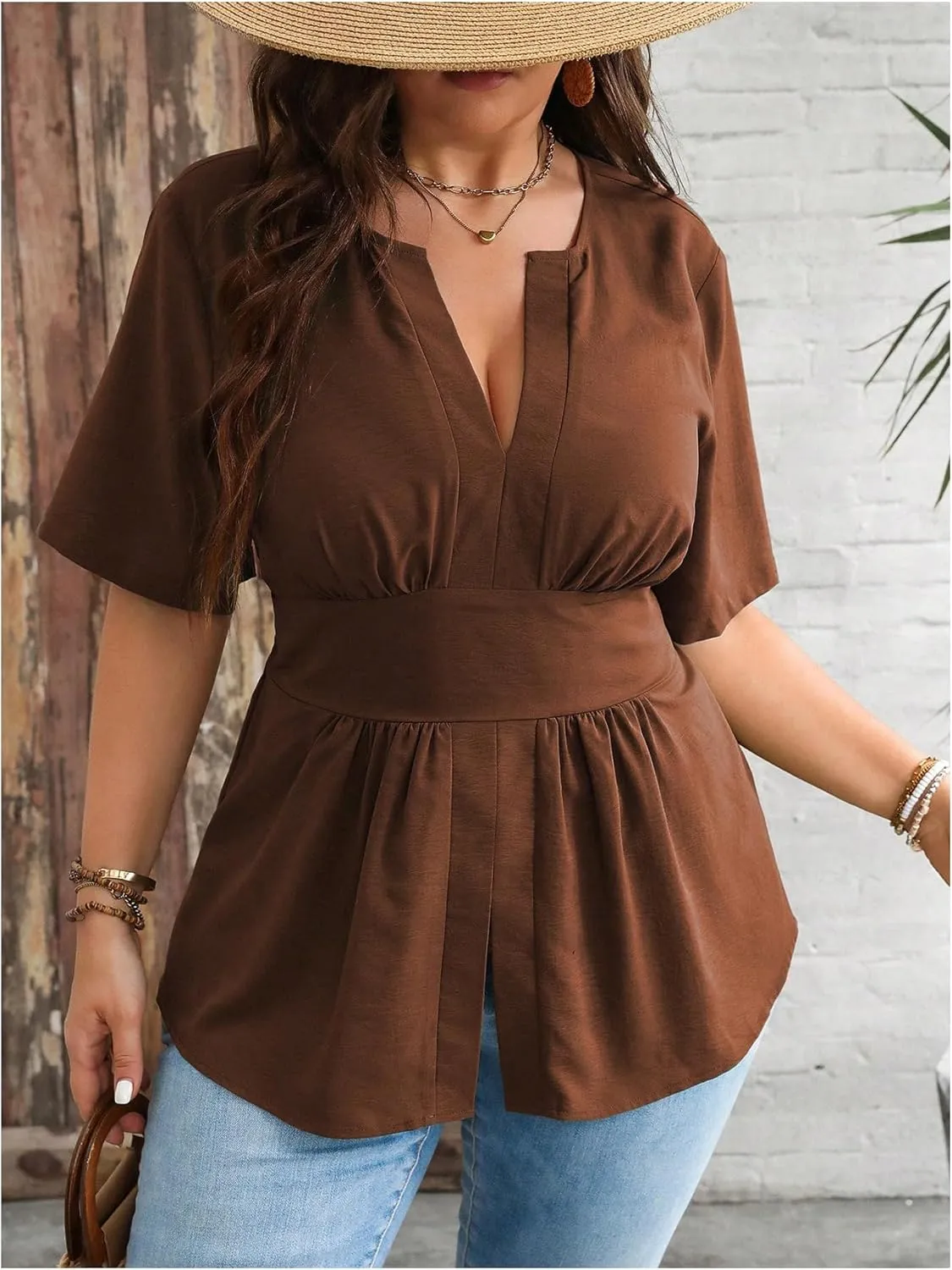 GORGLITTER Women's Plus Size Peplum Tops Short Sleeve V Neck Asymmetrical Blouse Shirts Summer Going Out Tops 2025