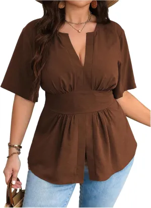 GORGLITTER Women's Plus Size Peplum Tops Short Sleeve V Neck Asymmetrical Blouse Shirts Summer Going Out Tops 2025