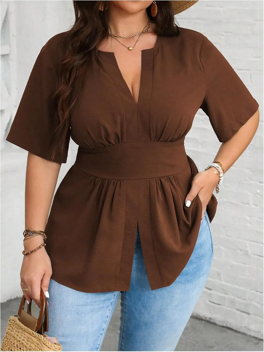 GORGLITTER Women's Plus Size Peplum Tops Short Sleeve V Neck Asymmetrical Blouse Shirts Summer Going Out Tops 2025